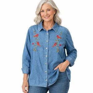 Embroidered Denim Button-Up Shirt with Bird Design